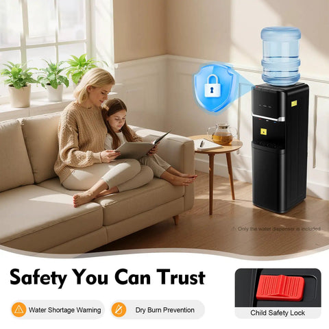 Top Loading Water Cooler With Three Temperature Options Hot Cold Warm For Three Or Five Gallon Bottles Stainless Steel Liner 75W Cooling And 550W Heating Child Safety Lock Black Finish displayed in a living room