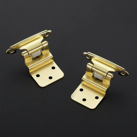 Game Changer Self Closing Soft Close Cabinet Hinges, 3/8 Inch Inset Brushed Gold Finish, 60 Pack, pair of gold cabinet hinges.