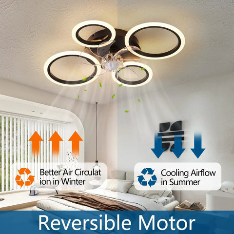 26 Inch Geometric Ceiling Fan with Lights Remote Control Bladeless Low Profile Design for Kitchen and Bedroom