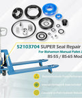 Super Seal Repair Kit For Bishamon BS-55 And BS-65 Manual Pallet Jack Hydraulic Unit Rebuild Seals, O Rings, Gaskets And Hardware Replacement Kit components displayed with pallet jack