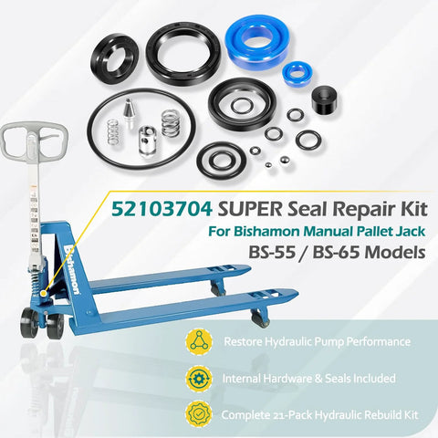 Super Seal Repair Kit For Bishamon BS-55 And BS-65 Manual Pallet Jack Hydraulic Unit Rebuild Seals, O Rings, Gaskets And Hardware Replacement Kit components displayed with pallet jack
