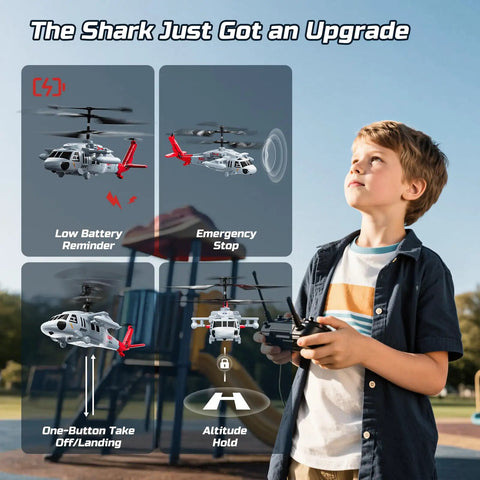 Child using Black Hawk Style RC Helicopter With 2 Batteries And 26 Minute Flight Time Indoor Flying Toy For Kids And Adults