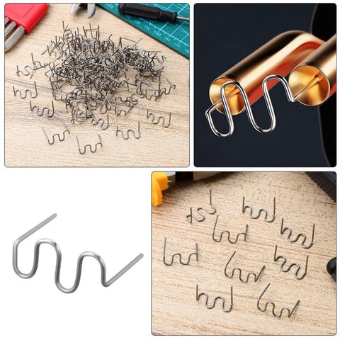 Healvian 100 Piece 0.8mm Wave Shaped Hot Car Bumper Repair Staples For Automotive Plastic Welding Kit showcasing wave staples and tools.