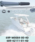Steering Tiller Handle Assembly With Cable for 25HP and 30HP Outboard Motors Throttle Control Replacement Part shown above a boat