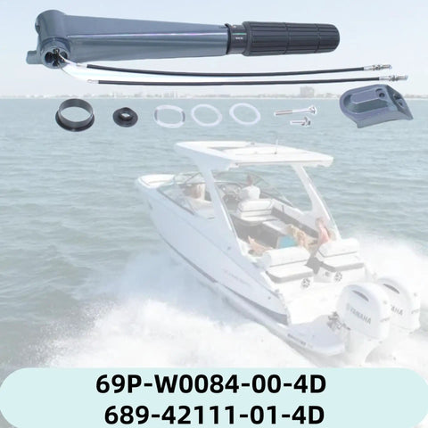 Steering Tiller Handle Assembly With Cable for 25HP and 30HP Outboard Motors Throttle Control Replacement Part shown above a boat