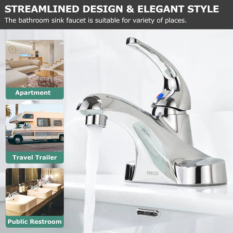 Single Handle Mid Arc Centerset Bathroom Sink Faucet With Chrome Finish Metal Push And Seal Drain cUPC Certified NSF 61