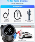 Portable Nacs To J1772 Charging Adapter With 80 Amp 250 Volt Rating showing compatible Tesla connectors and plugs.