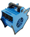 Industrial Air Mover 300 CFM With 3 Speed Settings, 2 Built In Outlets, Adjustable Tilt Floor Fan in blue, side angle view