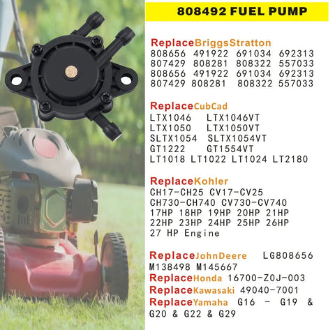 High Flow Fuel Pump Kit For Kohler Briggs Kawasaki Lawn Mower Tractor Golf Cart Replacement With Vacuum Filter displayed with lawn mower background.