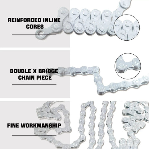 Universal Bike Chain For Six To Twelve Speed Bikes With Tough As Nails Strength, showcasing reinforced cores and workmanship.