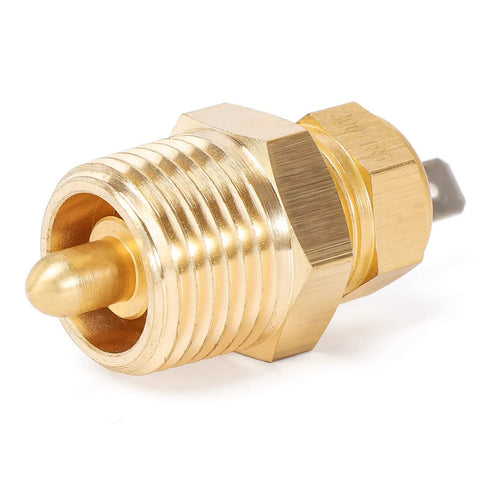 Electric Cooling Fan Thermostat Switch With Three Eighths Inch Pipe Thread for 10, 12, 14, and 16 Inch Fans, brass body close-up