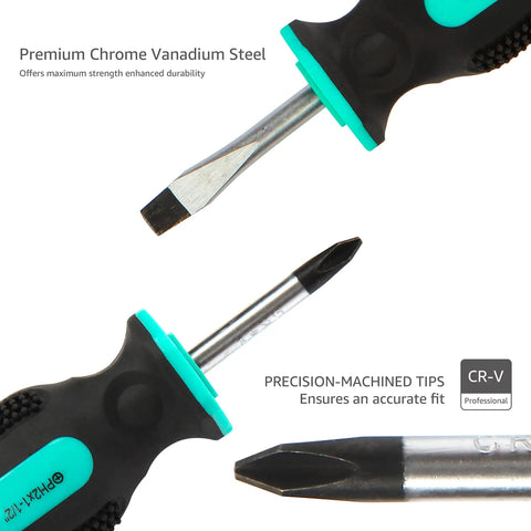 Stubby 4 Piece Tool Set With Hammer Flat And Phillips Screwdrivers And Adjustable Wrench In Turquoise close-up of screwdriver tips