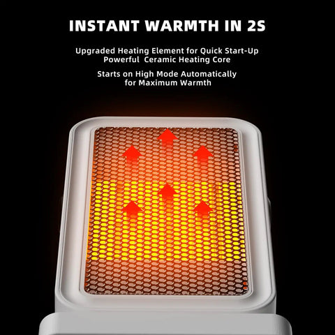 Fast 2 Second Warmth Ceramic Space Heater For Indoor Use showing heated ceramic element with arrows