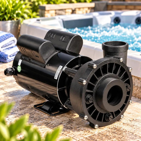 Heavy Duty 2HP Spa Hot Tub Pump Delivering Hella Smooth Dual Speed Flow And Knockout High Output Performance Plus No Hassle Side Discharge Build And Included Plumbing Connections For All Day Quiet Circulation on stone surface.