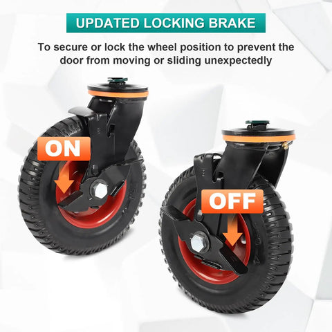 Close-up of Eight Inch Gate Wheels With Brake 360 Degree Swivel Spring Loaded 600 Lbs Capacity showing locking brake feature.