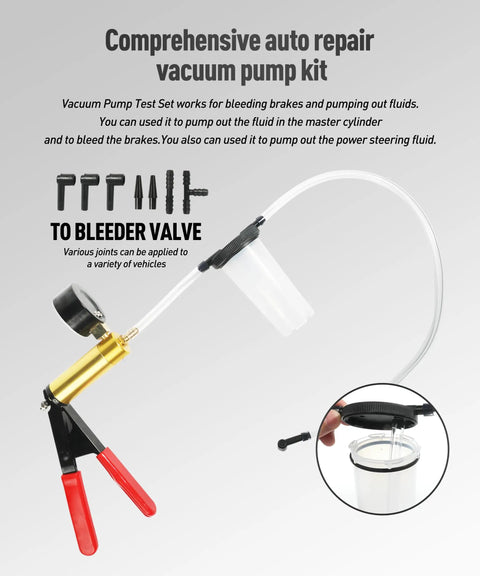 Universal Brake Bleeder Kit With Handheld Vacuum Pump And Full Adapter Tray Shop Approved Tool for bleeding brakes and fluid extraction.