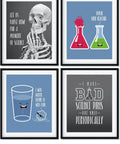 Science Pun Room Decor Set Of 4 Nerdy Lab Wall Art Prints 8x10 Unframed; skeleton, beakers, glass of water, and periodic table design
