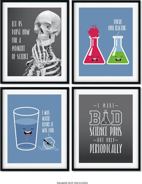 Science Pun Room Decor Set Of 4 Nerdy Lab Wall Art Prints 8x10 Unframed; skeleton, beakers, glass of water, and periodic table design