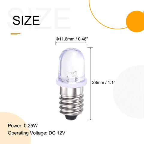 Built Tough E10 Screw Base Led Bulb 12 Vdc 0.25 Watt White Round Top Mini Lamp size dimensions shown on graphic.