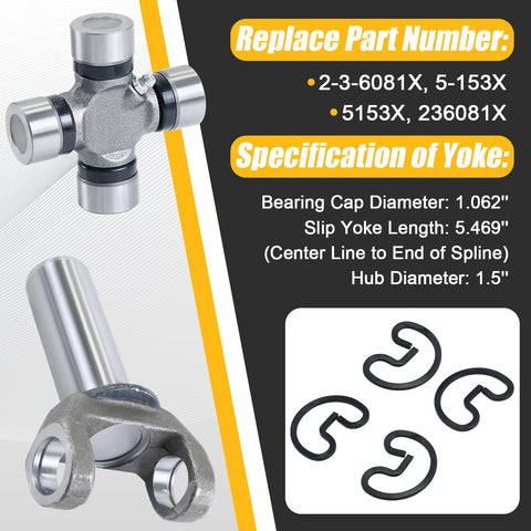 Transmission Slip Yoke And U Joint Kit For Turbo 350 TH350 700R4 1310 Series 26 27 Spline dimensions and specifications
