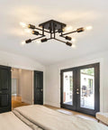 8 Light Semi Flush Mount Ceiling Light Fixture Dope Modern Metal Black Sputnik Chandelier with E26 Base installed in bedroom