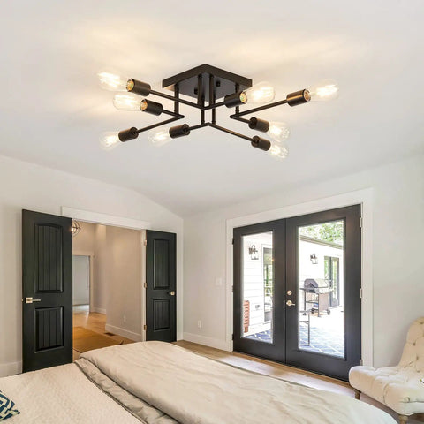 8 Light Semi Flush Mount Ceiling Light Fixture Dope Modern Metal Black Sputnik Chandelier with E26 Base installed in bedroom