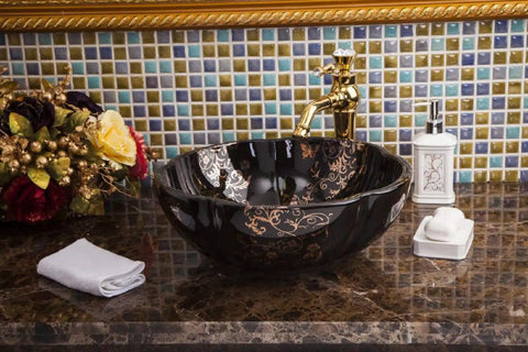 USZWBY Bathroom Sink, Countertop Basin Ceramic Art Basin Sinks Counter Top Wash Basin with gold floral design