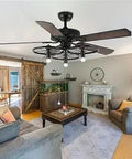 Dope Industrial Farmhouse Ceiling Fan With Light And Remote Control for kitchen or living room, 5 brown wooden blades, retro wheel