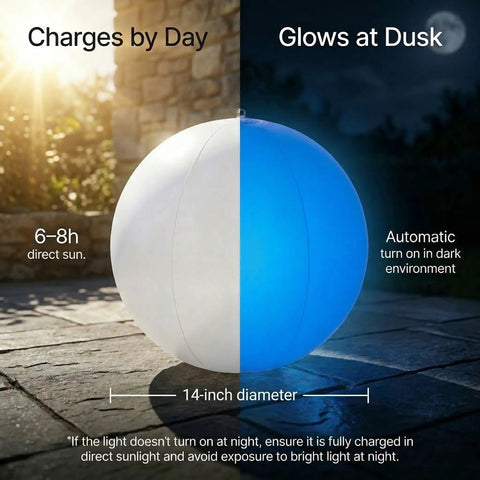 Solar Floating Pool Lights 2 Pack 14 Inch Auto Color Changing LED Light Balls Waterproof Inflatable Lights for Pools Ponds Gardens Patios and Epic Backyard Parties and Weddings shown glowing at dusk