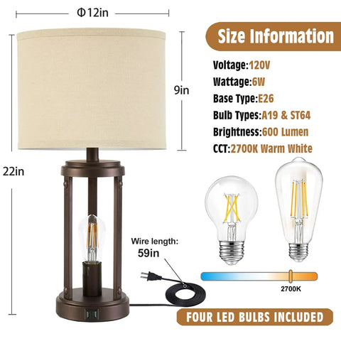 Farmhouse Table Lamps Set Of 2 With Touch Control And 3 Way Dimming, featuring dimensions and bulb specifications.