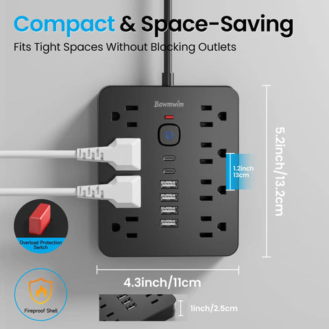 Heavy Duty Six Foot Flat Plug Extension Cord With Surge Protection Power Strip featuring eight AC outlets and six USB ports.