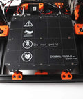 Straight Shot 3D Printer Bear Upgrade Kit Built For Prusa i3 Mk3 showing heated bed with caution labels and Prusa branding.