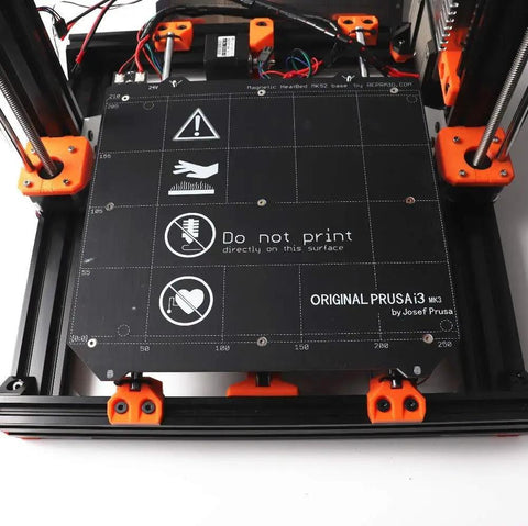 Straight Shot 3D Printer Bear Upgrade Kit Built For Prusa i3 Mk3 showing heated bed with caution labels and Prusa branding.