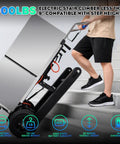 Powerful Electric Stair Climbing Hand Truck With Heavy Duty Rubber Tracks And Adjustable Tray For Moving Furniture Up Stairs Fast Plus Lithium Battery Safety Rope Gear being used to move a fridge up stairs.