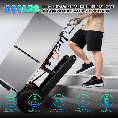 Powerful Electric Stair Climbing Hand Truck With Heavy Duty Rubber Tracks And Adjustable Tray For Moving Furniture Up Stairs Fast Plus Lithium Battery Safety Rope Gear being used to move a fridge up stairs.