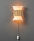 Two-Light Plug-In Or Hardwire Wall Sconce With Matte White Fabric Shade And Natural Rattan Accent 6-Foot Braided Cord In-Line Rocker Switch