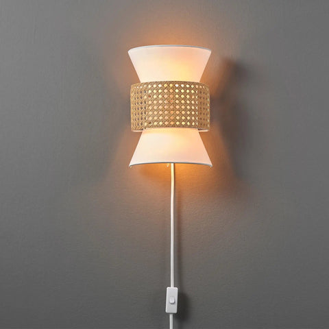 Two-Light Plug-In Or Hardwire Wall Sconce With Matte White Fabric Shade And Natural Rattan Accent 6-Foot Braided Cord In-Line Rocker Switch