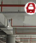 Top Shelf Fire Sprinkler Head Guard Cover Two Pack Durable Steel Protector Cage, red steel mount in commercial setting.