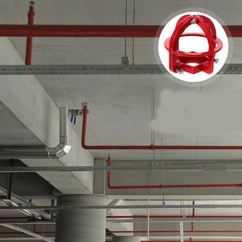 Top Shelf Fire Sprinkler Head Guard Cover Two Pack Durable Steel Protector Cage, red steel mount in commercial setting.