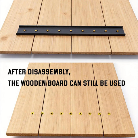 Badass Heavy Duty C Channel Steel Braces For Live Edge Tabletop Slabs showing black support bracket on wood boards.
