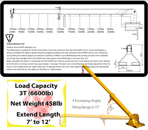 Heavy Hitter 6600Lb Telescopic Forklift Boom Attachment With Dual Hooks And Pivoting Jib Extends To 12 Ft Reach with diagram.