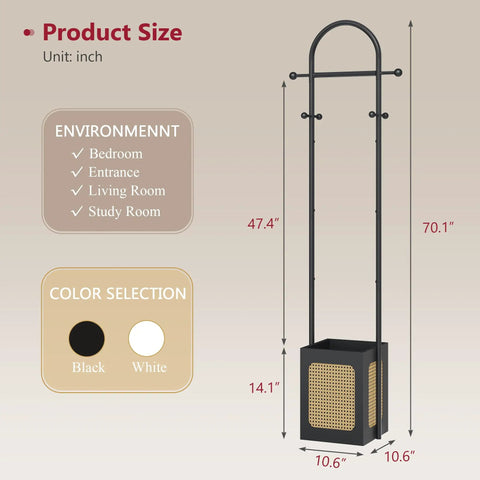 Coat Rack Stand With Wooden Base And Rattan Design Three In One Clothes Organizer With Six Hooks Small Rack For Living Room Bedroom Or Office Black Space Saver For Entryways And Small Spaces, product dimensions and color options displayed
