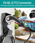 EV Charger Wall Mount Holder For SAE J1772 Cord Organizer with cable hanger and plug dock in outdoor setting.