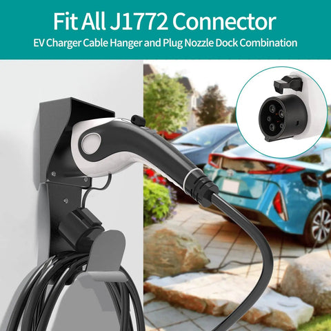 EV Charger Wall Mount Holder For SAE J1772 Cord Organizer with cable hanger and plug dock in outdoor setting.