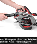 Professional Brushless Cordless Circular Saw Featuring 165MM Blade And Turbo Motor For Clean Wood Cutting and Heavy Duty Framing with dust extraction attachment.