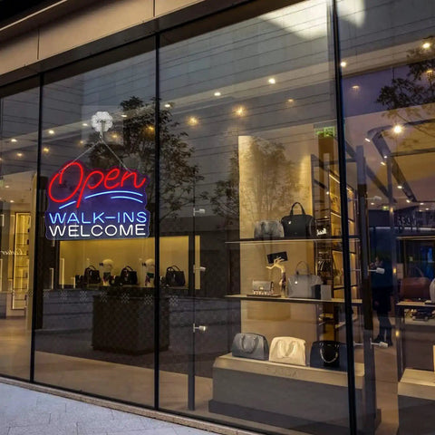 Open Walk Ins Welcome Neon Sign With Dimmable LED Eye Catching Lit Bright Red Light for Shop Front 60x45cm Acrylic Backboard