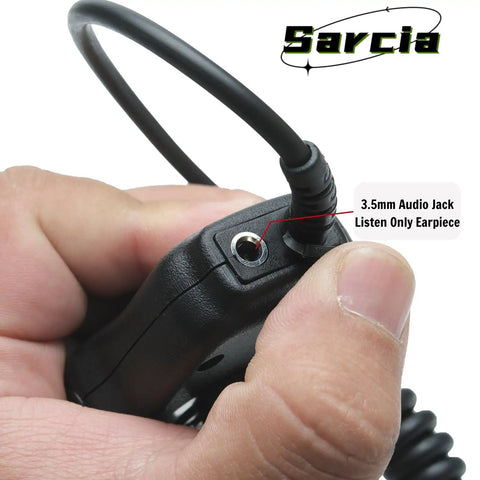 Close-up of Speaker Microphone With PTT for Yaesu VX Series showing 3.5mm audio jack compatibility with handheld radios.