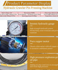 Hydraulic Crawler Pin Pressing Machine parameters display, featuring hydraulic gauge and pure copper motor.