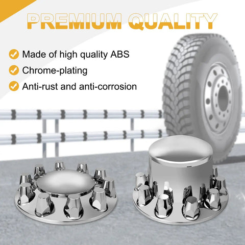 33mm Chrome Axle Cover Kit With Thread On Lug Nut Covers Includes 2 Front And 4 Rear Wheel Covers Dome Style Hub Caps For Semi Trucks Easy Install Tool Included displayed with tire and product features.