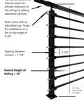 Top Shelf Horizontal Steel Railing Banister Kit 17 Point 5 Ft Hella Adjustable Guard System For Staircases Decks Built Tough With Powder Coated Posts, showing 42 inch height and adjustable hinge.